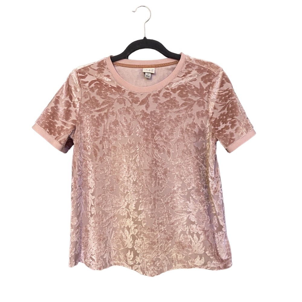 A New Day Floral Burnout Pink Velvet Velour Top Short Sleeve Crew Neck
